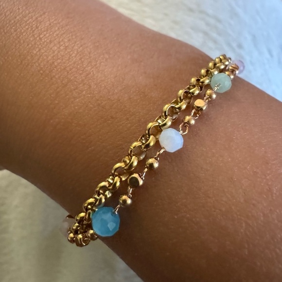 ⚜️3 for $30⚜️ Gold Tone Layered Bracelet Faceted Acrylic Bead Pastel Blue - Picture 5 of 8